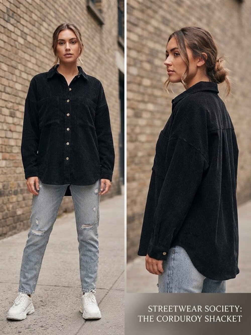 Streetwear Society Black Corduroy Button Down Long Sleeves Polo Shirt - Medium